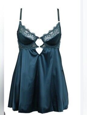 Oh La La Cheri Silky Lace Trim Teal Babydoll Chemise - Women Intimates